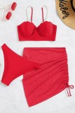 Арбузно-красный сексуальный однотонный лоскутный комплект из трех предметов с открытой спиной (с прокладками)