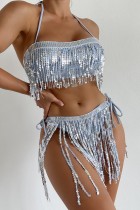 Light Blue Sexy Patchwork Tassel Bandage Backless Swimwears (With Paddings)