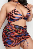 Multicolor Sexy Print Bandage Backless Halter Plus Size Swimwear  Three Piece Set (With Paddings)