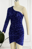Blue Sexy Formal Solid Sequins Patchwork Backless Oblique Collar Long Sleeve Dresses