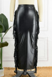 Zwart casual effen kwastje patchwork gleuf skinny hoge taille conventionele effen kleur rok