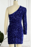 Blå sexiga formella solida paljetter Patchwork rygglös Snedkrage långärmade klänningar
