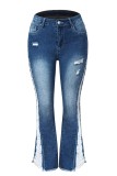 Jeans jeans azul bebê casual patchwork rasgado cintura alta regular