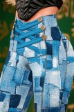 Pantalones casual estampado patchwork flaco cintura alta lápiz estampado completo azul