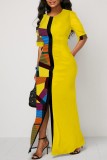 Yellow Casual Print Patchwork Slit O Neck One Step Skirt Dresses