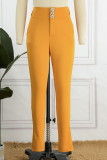 Pantalon décontracté à boutons solides taille haute classique de couleur unie jaune