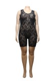 Black Sexy Solid See-through O Neck Plus Size Romper