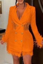 オレンジ カジュアル ソリッド パッチワーク ターンバック カラー ロング スリーブ ドレス