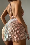 Розовый сексуальный лоскутный бандажный прозрачный комплект из трех предметов с открытой спиной (с прокладками)