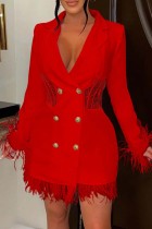 Röda Casual Solid Patchwork Långärmade klänningar med bakåtvänd krage