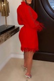 Красные повседневные однотонные платья с длинным рукавом в стиле пэчворк с отложным воротником