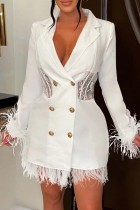 ホワイト カジュアル ソリッド パッチワーク ターンバック カラー ロング スリーブ ドレス