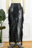 Black Casual Solid Tassel Patchwork Slit Skinny High Waist Conventional Solid Color Skirt