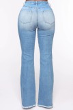 Jeans in denim regolari a vita alta strappati con patchwork casual blu scuro