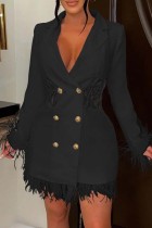 ブラック カジュアル ソリッド パッチワーク ターンバック カラー ロング スリーブ ドレス