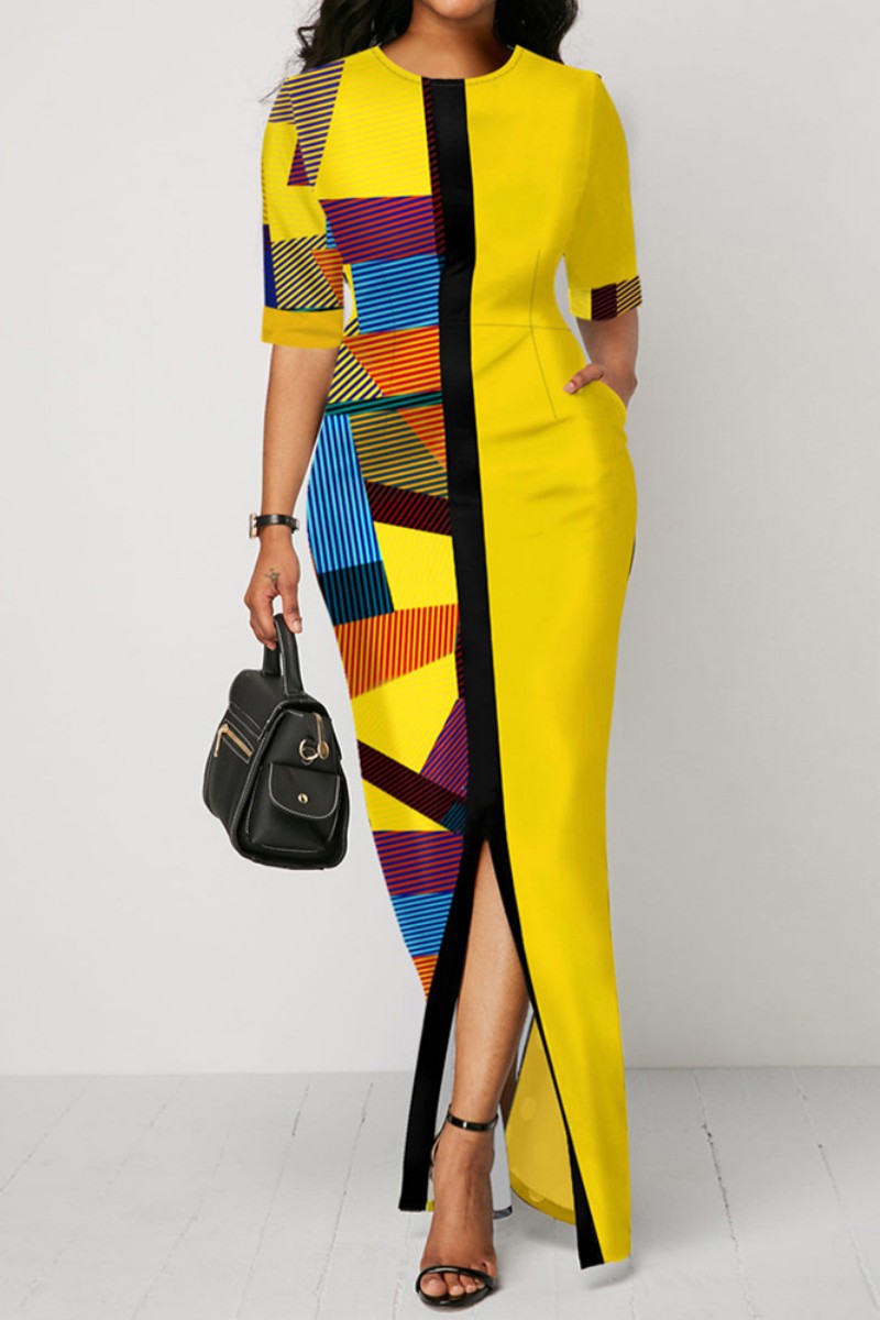 

Yellow Casual Print Patchwork Slit O Neck One Step Skirt Dresses