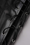Schwarze, sexy, lässige, solide, ausgehöhlte Frenulum-dünne Bleistift-Patchwork-Hose mit hoher Taille