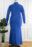 Blue Casual Solid Basic Turtleneck Long Sleeve Plus Size Dresses