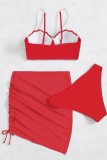 Арбузно-красный сексуальный однотонный лоскутный комплект из трех предметов с открытой спиной (с прокладками)