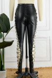 Black Sexy Casual Solid Hollowed Out Frenulum Skinny High Waist Pencil Patchwork Trousers