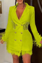 Fluorescerande färg Casual Solid Patchwork Långärmad klänning med bakkrage