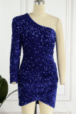 Blauwe sexy formele effen pailletten patchwork backless schuine kraag lange mouwen jurken