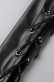 Schwarze, sexy, lässige, solide, ausgehöhlte Frenulum-dünne Bleistift-Patchwork-Hose mit hoher Taille