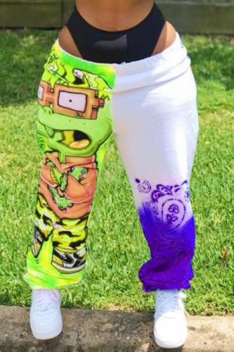 Green Casual Print Basic Regular Conventional Full Print Trousers