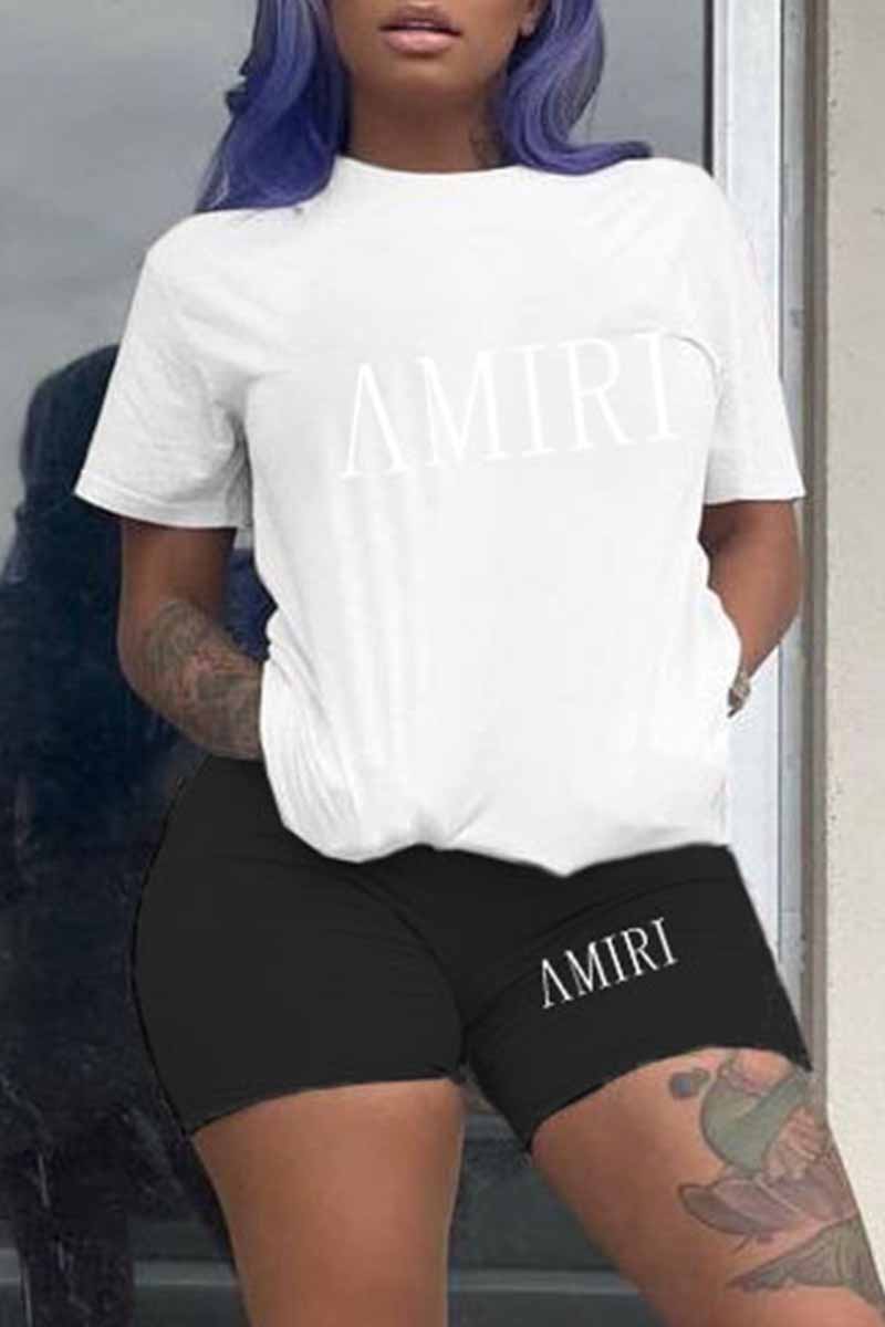 

Black Casual Print Letter O Neck Short Sleeve Two Pieces