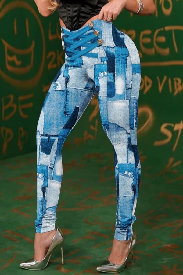 Blauwe casual print patchwork skinny hoge taille potlood volledige print broek