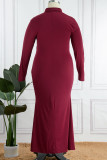 Burgundy Casual Solid Basic Turtleneck Long Sleeve Plus Size Dresses