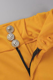 Calça branca casual com botões lisos regular cintura alta convencional de cor sólida