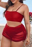 Red Sexy Solid Leopard Patchwork Backless Spaghetti Strap Plus Size Swimwear Three Piece Set (With Paddings)