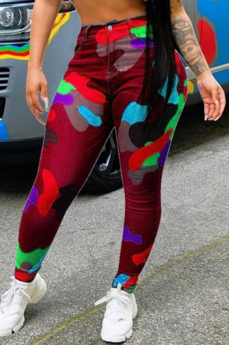 Red Casual Camouflage Print Patchwork Regular High Waist Pencil Full Print Bottoms