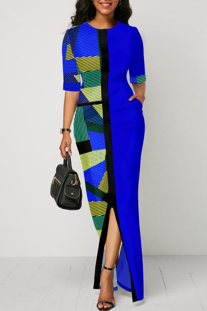 

Blue Casual Print Patchwork Slit O Neck One Step Skirt Dresses