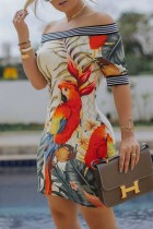 Абрикосовое повседневное платье в стиле пэчворк с открытыми плечами и короткими рукавами Платья