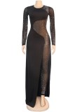 Black Casual Patchwork Hot Drilling See-through O Neck Plus Size Jumpsuits