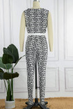 Zwart Wit Sexy Casual Print Patchwork V-hals Skinny Jumpsuits
