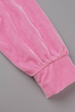 Colarinho com capuz rosa casual patchwork sólido manga longa duas peças