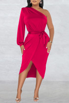 Rose rood casual effen patchwork backless schuine kraag jurken met lange mouwen