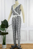 Black White Sexy Casual Print Patchwork V Neck Skinny Jumpsuits
