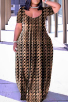 Schwarz Khaki Casual Print Basic V-Ausschnitt Kurzarm Kleid Kleider in Übergröße