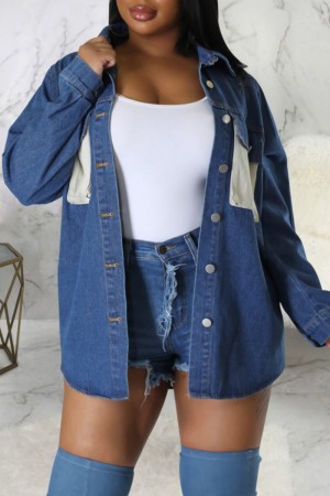 Deep Blue Casual Solid Patchwork Turndown Collar Long Sleeve Regular Shirt Style Denim Jacket