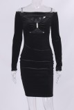 Zwarte sexy formele solide uitgeholde off-shoulder jurken met lange mouwen