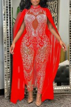Red Sexy Patchwork Hot Drilling See-through O Neck Skinny Jumpsuits