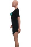 ブラック カジュアル レタープリント ベーシック Oネック 半袖ドレス プラスサイズドレス
