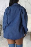 Deep Blue Casual Solid Patchwork Turndown Collar Long Sleeve Regular Shirt Style Denim Jacket