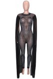 Zwarte Sexy Patchwork Hot Drilling Doorzichtige O Neck Skinny Jumpsuits