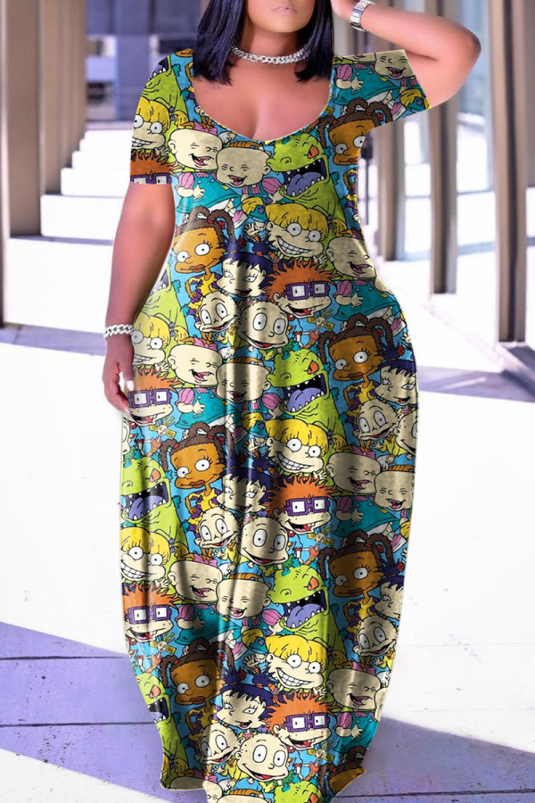 Цветное повседневное платье с принтом Базовое платье с коротким рукавом и V-образным вырезом Платья больших размеров