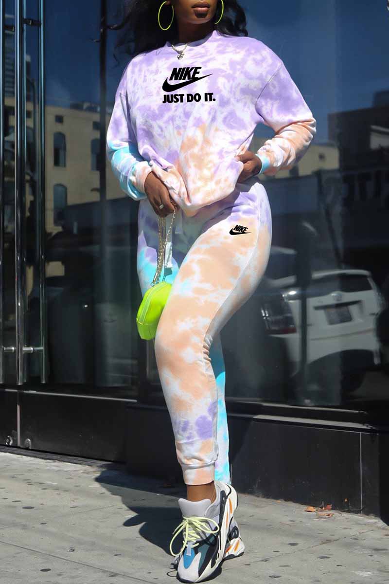 

Purple Casual Print Tie Dye Letter O Neck Long Sleeve Two Pieces